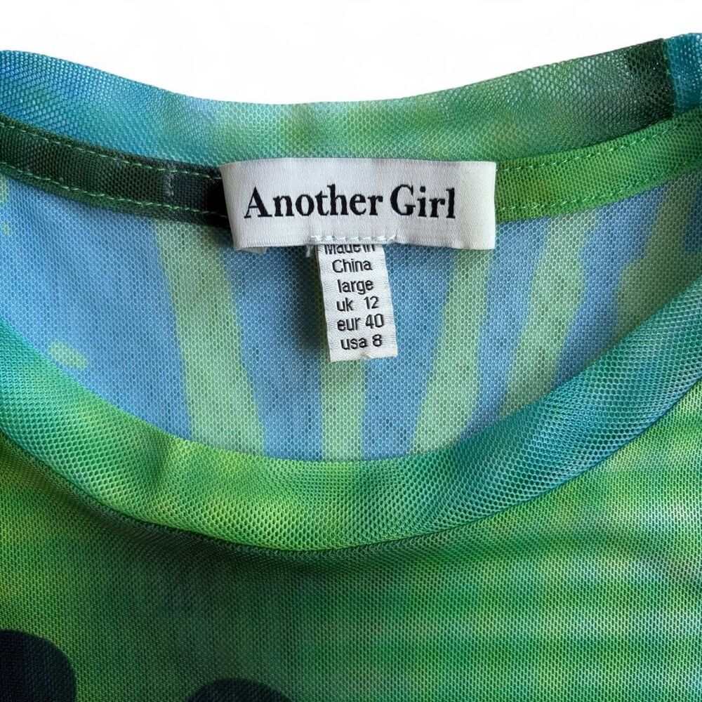 Y2K Style Another Girl Graphic Mesh Long Sleeve Top Blue Green Face Abstract - Picture 4 of 6